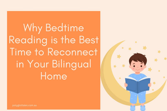 Blog title banner with a picture of a child reading a book sitting on a crescent moon posted by online bilingual books store in Australia Polyglot Tales.