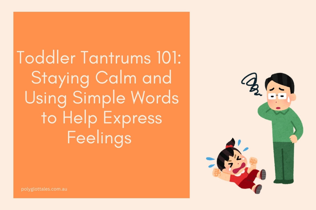 Blog banner titled toddle tantrum 101 staying calm and using simple words to help express feelings written by polyglot tales your children's language books store in Australia