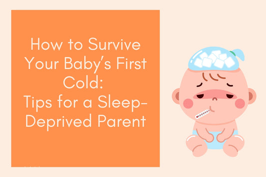 Illustrated sick baby with blog title "How to Survive Your Baby’s First Cold – Tips for Sleep-Deprived Parents"; parenting blog by Polyglot Tales, supporting bilingual families and children's language books in Australia.