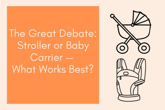 Illustration of a baby in a carrier and a stroller, with the blog title “The Great Debate: Stroller or Baby Carrier — What Works Best?” — parenting tips for Australian families raising bilingual children.