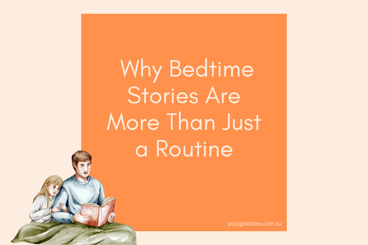 Australian parents reading bilingual bedtime stories to their child.
