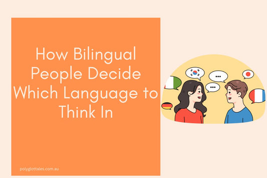 A blog post banner with two people talking in multiple languages written by Polyglot Tales children's language books store in Australia