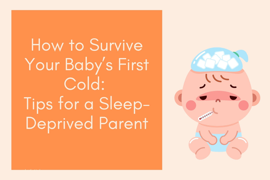 Illustrated sick baby with blog title "How to Survive Your Baby’s First Cold – Tips for Sleep-Deprived Parents"; parenting blog by Polyglot Tales, supporting bilingual families and children's language books in Australia.