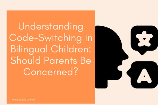 A blog banner with blog title and a monochrome graphic of a person speaking 2 languages by your online bilingual children's book store in Australia